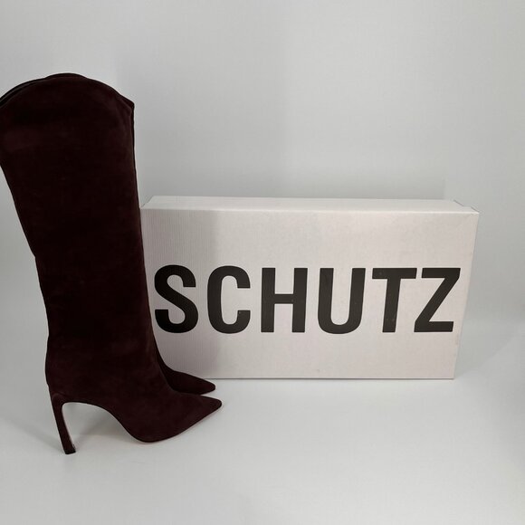 Schutz Maryana Sculpt Knee High Boots Sz 10B Dark Chocolate Pointed Toe Leather - Picture 1 of 16